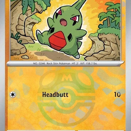 Pokémon Prismatic Evolutions Larvitar card featuring a Master Ball pattern, showcasing vibrant colors and detailed artwork.