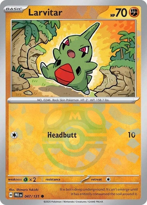 Pokémon Prismatic Evolutions Larvitar card featuring a Master Ball pattern, showcasing vibrant colors and detailed artwork.