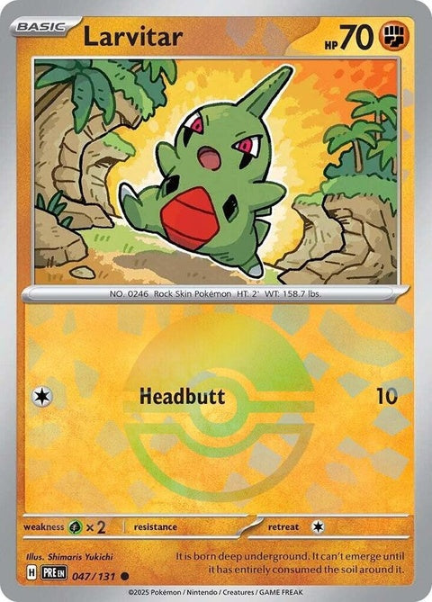 Pokémon Prismatic Evolutions Larvitar card with Poke Ball pattern, featuring vibrant artwork and detailed design.