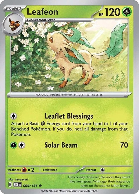 Pokémon Prismatic Evolutions Leafeon 5-card, featuring detailed artwork of the Grass-type Pokémon Leafeon.