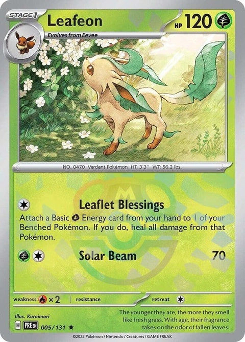 Prismatic Evolutions Leafeon Pokémon card with Master Ball pattern, featuring vibrant green and detailed artwork.