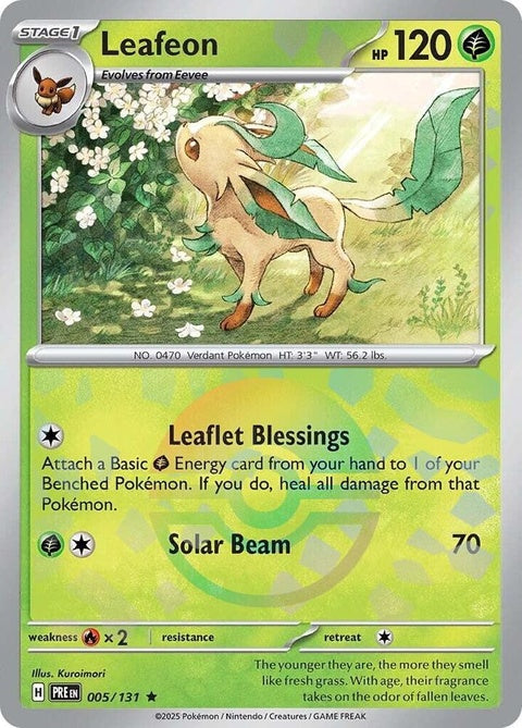 Prismatic Evolutions Leafeon Pokémon card with Poke Ball pattern, featuring vibrant artwork on a singles trading card.