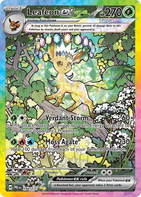 Pokémon Prismatic Evolutions Leafeon EX trading card, vibrant artwork, featuring Leafeon in a dynamic pose.