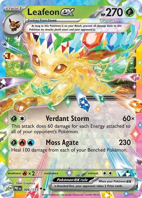 Prismatic Evolutions Leafeon EX Pokémon card featuring vibrant artwork of the Grass-type Leafeon in a dynamic pose.