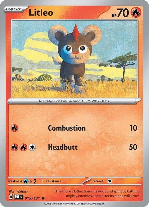 Pokémon Prismatic Evolutions Litleo single card showing colorful artwork and Pokémon branding.