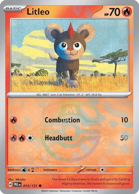 Prismatic Evolutions Litleo Pokémon card with Master Ball pattern, featuring vibrant artwork and detailed design.