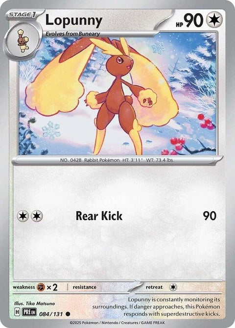 Pokémon Prismatic Evolutions Lopunny card, featuring artwork of the elegant bunny Pokémon with vibrant colors.