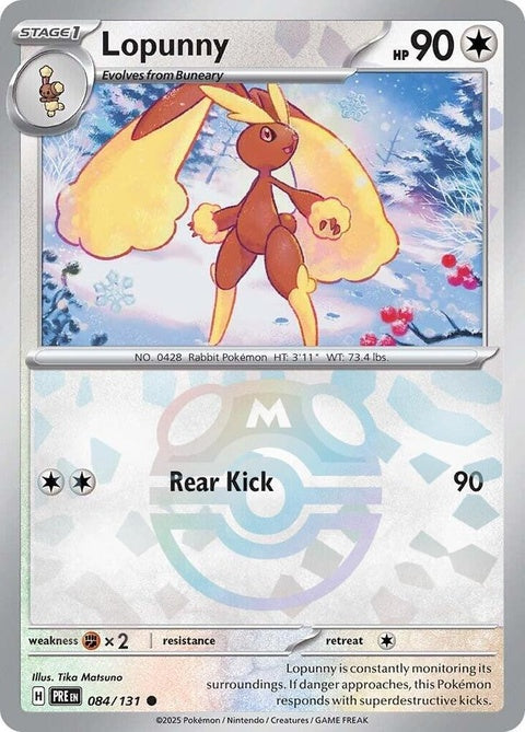 Prismatic Evolutions Lopunny Pokémon card with Master Ball pattern, featuring detailed artwork and vibrant colors.