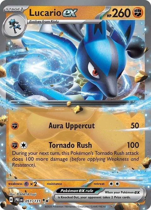 Pokémon Prismatic Evolutions Lucario EX single card featuring Lucario in a dynamic pose with vibrant prismatic effects.