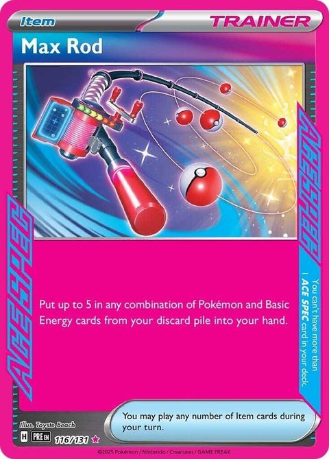 Pokémon Prismatic Evolutions Max Rod singles card featuring vibrant artwork and detailed design on a white background.