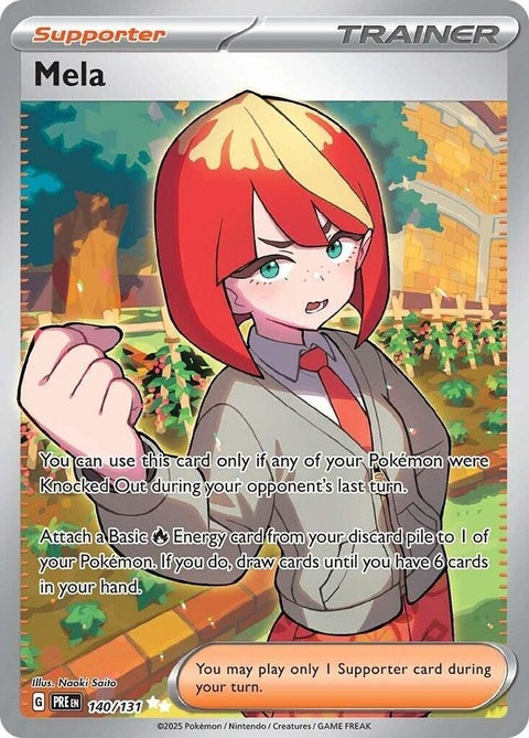 Pokémon Prismatic Evolutions Mela 140 single card featuring vibrant artwork of a Pokémon character on a colorful background.
