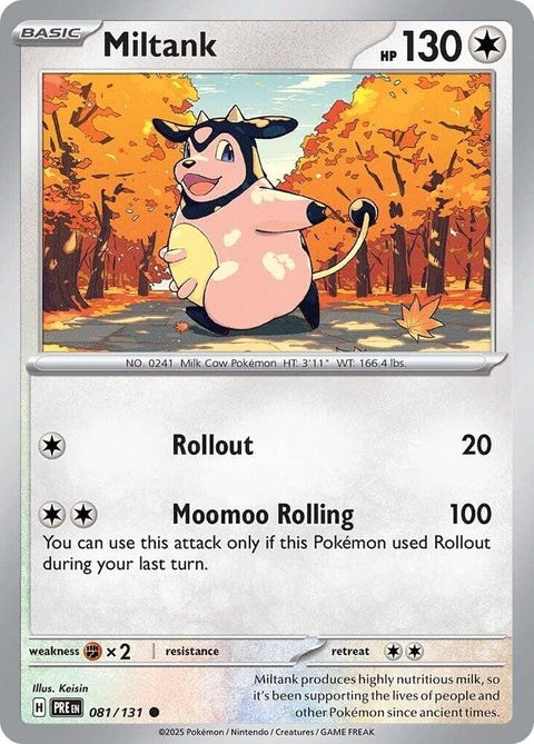 Prismatic Evolutions Pokémon Miltank card, single from the Pokémon trading card game, showcasing vibrant artwork and details.