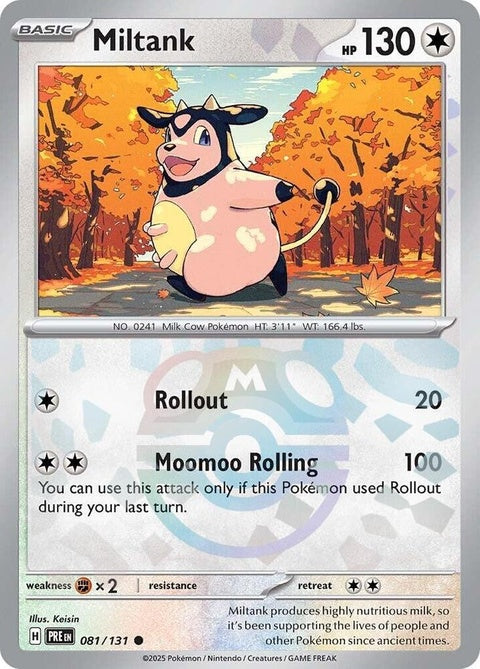 Prismatic Evolutions Miltank Pokémon card with Master Ball pattern, featuring vibrant colors and detailed artwork.