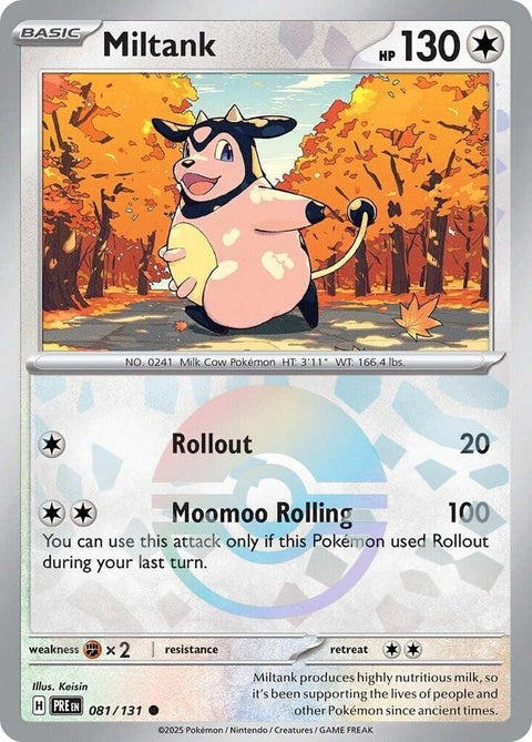 Prismatic Evolutions Miltank Pokémon card with Poke Ball pattern, featuring vibrant artwork and detailed design on a glossy surface.