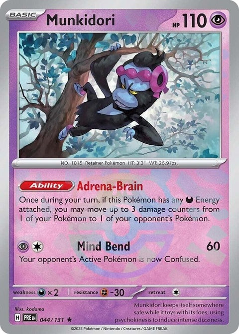 Pokémon Prismatic Evolutions Munkidori card with Master Ball pattern, featuring vibrant prismatic colors and detailed artwork.