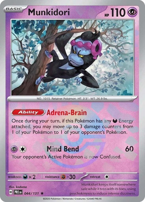 Pokémon Prismatic Evolutions Munkidori card with Poke Ball pattern, featuring vibrant colors and detailed artwork.