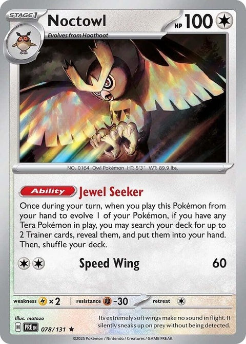Prismatic Evolutions Noctowl Pokémon single card featuring artwork of a nocturnal owl with detailed design and vibrant colors.