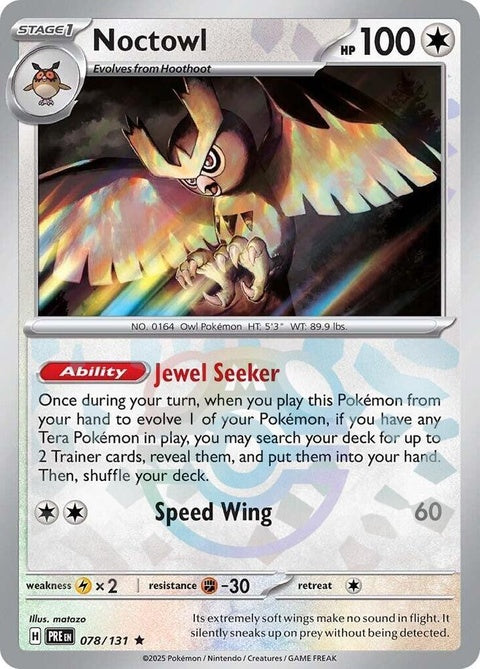 Prismatic Evolutions Noctowl Pokémon card with Master Ball pattern, featuring detailed artwork and vibrant colors.