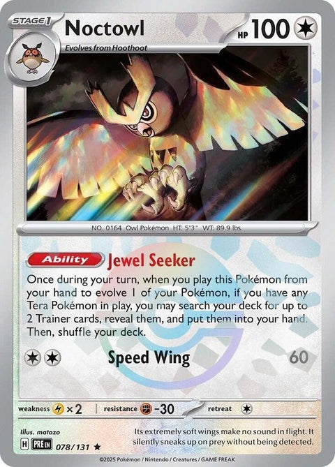 Prismatic Evolutions Noctowl Pokémon card with Poke Ball pattern, showcasing detailed artwork and vibrant colors.