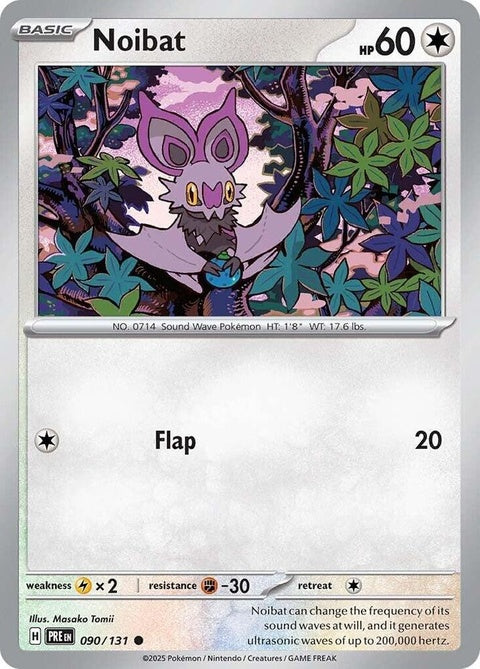 Pokémon Prismatic Evolutions Noibat 90 Pokémon singles card featuring vibrant artwork and detailed design.