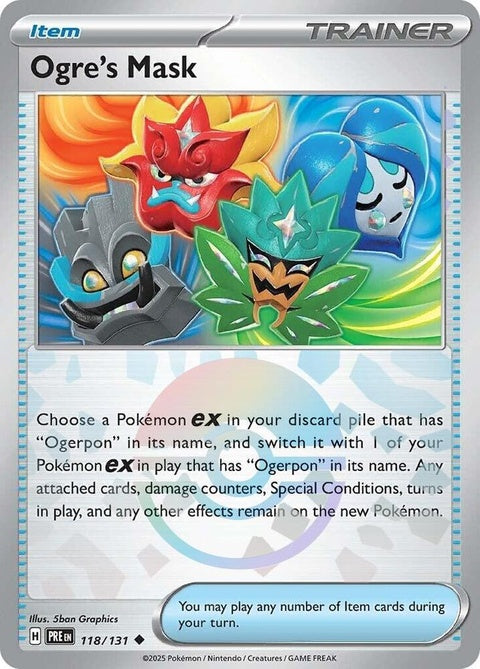 Pokémon Prismatic Evolutions Ogre's Mask card with Poke Ball pattern, featuring vibrant colors and detailed design.