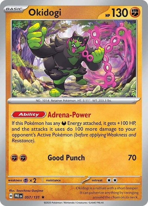 Pokémon Prismatic Evolutions Okidogi 57 single card featuring vibrant artwork of the legendary Pokémon Okidogi from the Pokémon TCG.