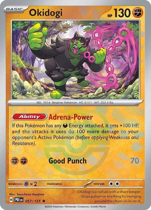 Pokémon Prismatic Evolutions Okidogi card with Master Ball pattern, featuring vibrant colors and detailed artwork.