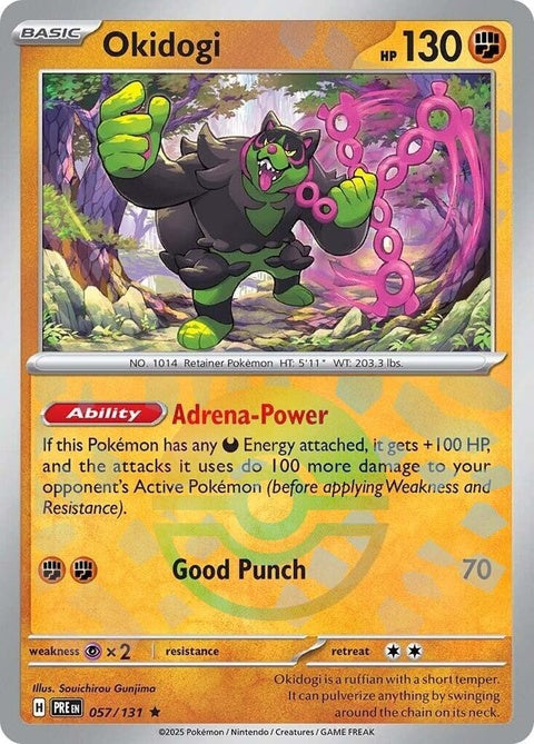 Prismatic Evolutions Okidogi Pokémon single card with Poke Ball pattern design, featuring vibrant colors and detailed artwork.