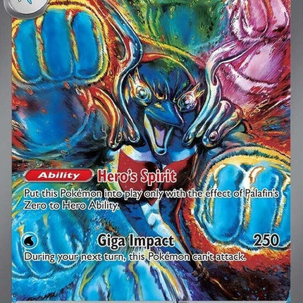 Prismatic Evolutions Pokémon Palafin EX card from the Singles set, featuring vibrant artwork and detailed design.