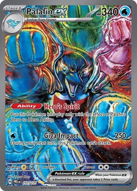 Prismatic Evolutions Pokémon Palafin EX card from the Singles set, featuring vibrant artwork and detailed design.