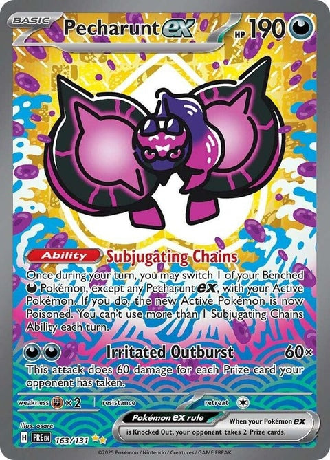 Pokémon Prismatic Evolutions Pecharunt EX single card featuring vibrant artwork and detailed design.
