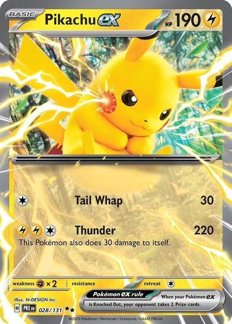 Pokémon Prismatic Evolutions Pikachu Ex single card featuring vibrant artwork and the Pokémon brand logo.