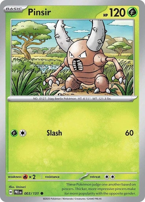 Pokémon Prismatic Evolutions Pinsir single card featuring vibrant artwork and detailed illustration of the Bug/Fighting Pokémon.