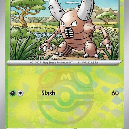 Pokémon Prismatic Evolutions Pinsir card featuring a Master Ball pattern, showcasing vibrant colors and detailed artwork.