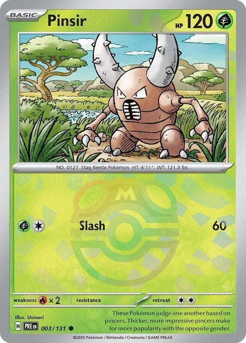 Pokémon Prismatic Evolutions Pinsir card featuring a Master Ball pattern, showcasing vibrant colors and detailed artwork.