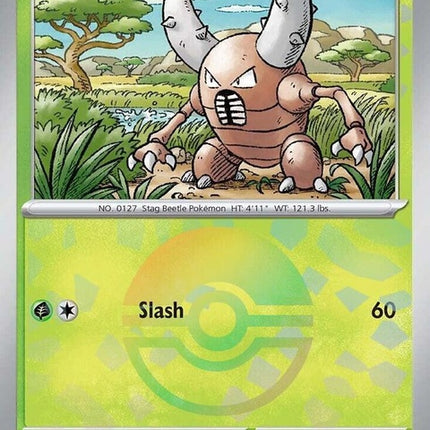 Pokemon Prismatic Evolutions Pinsir card with Poke Ball pattern, showcasing vibrant colors and detailed artwork.
