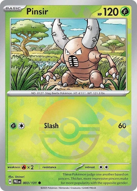 Pokemon Prismatic Evolutions Pinsir card with Poke Ball pattern, showcasing vibrant colors and detailed artwork.