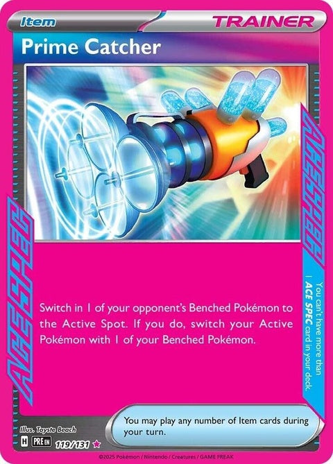 Pokémon Prismatic Evolutions Prime Catcher singles card featuring vibrant artwork and collectible design.