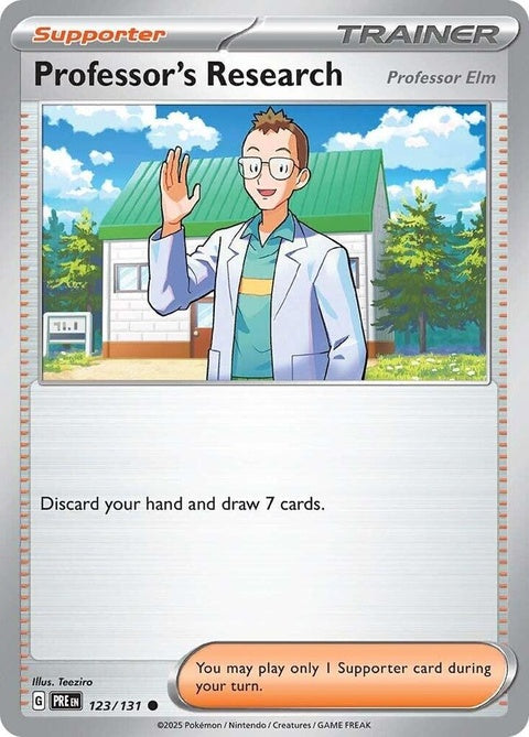 Pokémon Prismatic Evolutions Professor's Research Professor Elm card, singles, vibrant artwork featuring Professor Elm character.