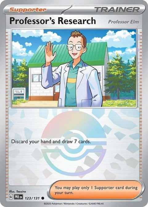 Pokémon Prismatic Evolutions Professor's Research card featuring Professor Elm with a Poke Ball pattern on the background.