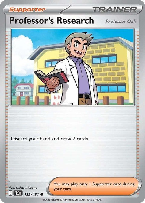 Pokémon Prismatic Evolutions Professor's Research Professor Oak single card, featuring colorful artwork and detailed design.