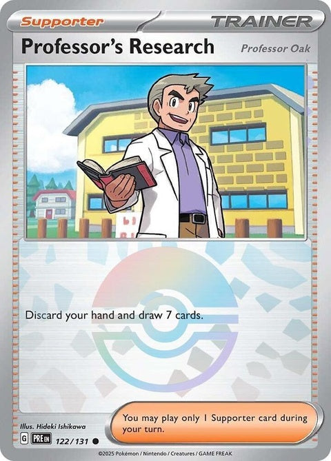 Pokémon Prismatic Evolutions Professor's Research Professor Oak card with Poke Ball pattern, showcasing vibrant colors and detailed design.