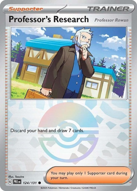 Pokémon Prismatic Evolutions Professor's Research Professor Rowan card with Poke Ball pattern, showcasing vibrant artwork and design.