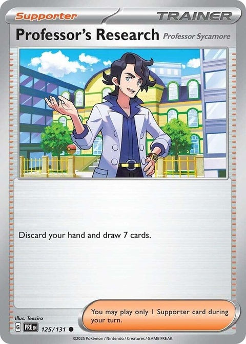 Pokémon Prismatic Evolutions Professor's Research card featuring Professor Sycamore, Japanese singles trading card.