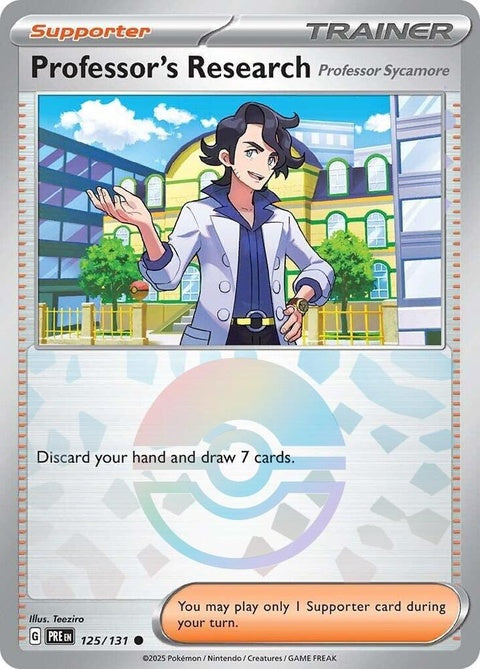 Pokémon Prismatic Evolutions Professor's Research card featuring Professor Sycamore with a Poke Ball pattern background.