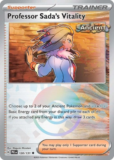 Pokémon Prismatic Evolutions Professor Sada's Vitality Pokémon card with Poke Ball pattern, featuring vibrant colors and detailed artwork.