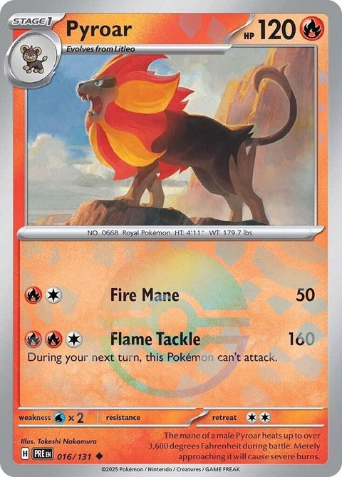 Pokémon Prismatic Evolutions Pyroar single card with Poke Ball pattern, vibrant illustration, and detailed artwork.