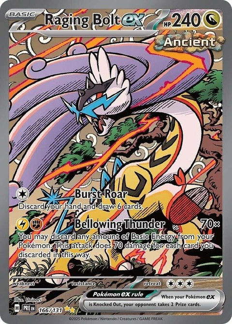 Pokémon Prismatic Evolutions Raging Bolt EX single card featuring vibrant artwork and electric Pokémon design.