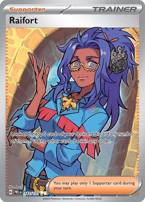 Pokémon Prismatic Evolutions Raifort single card featuring vibrant holographic design and detailed artwork.