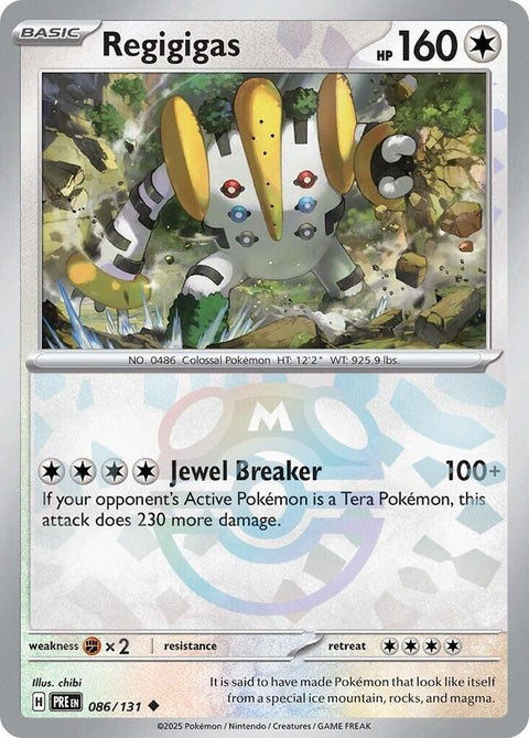 Pokémon Prismatic Evolutions Regigigas card with Master Ball pattern, featuring detailed artwork and vibrant colors.